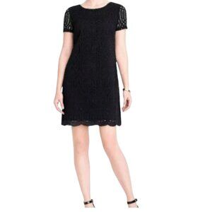 J. Crew Short Sleeve Black Lace Shift Dress Scalloped Hem LBD Size 6